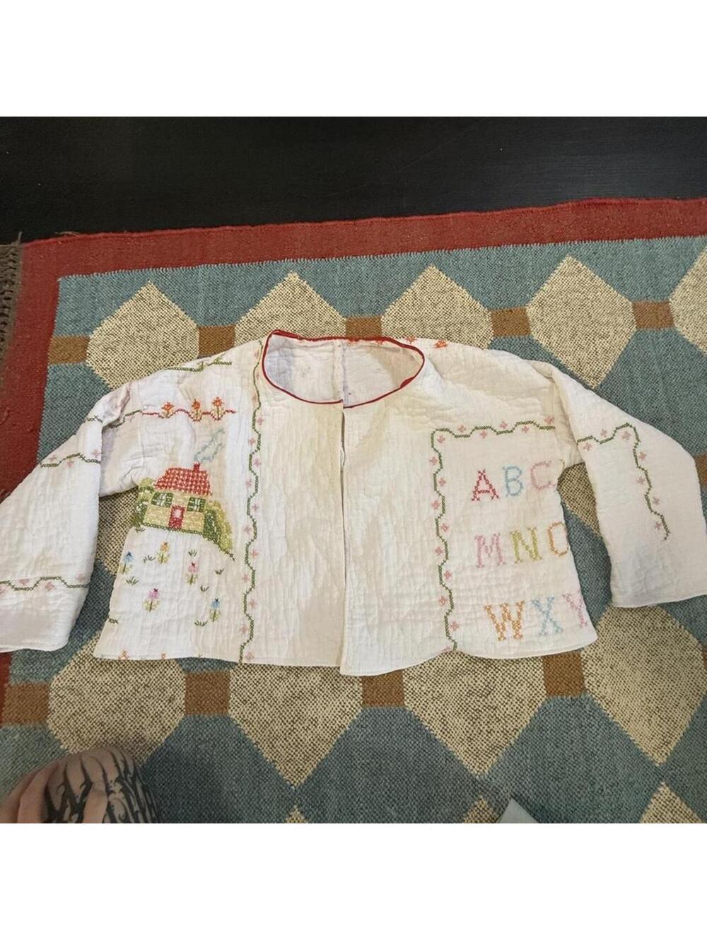 Handmade white vintage quilt embroidered nursery rhyme ABC flower jacket cropped